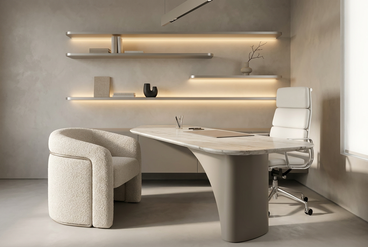 Quiet consultation room with boucle chairs and oak table