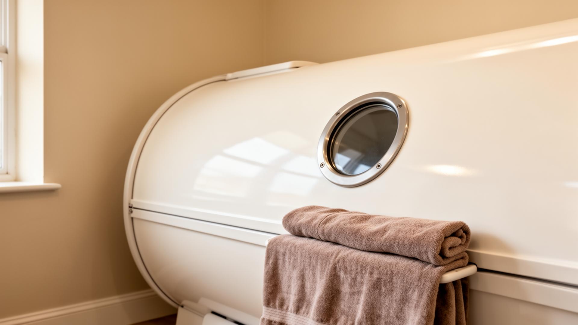 Hyperbaric oxygen chamber in a calm clinical recovery room