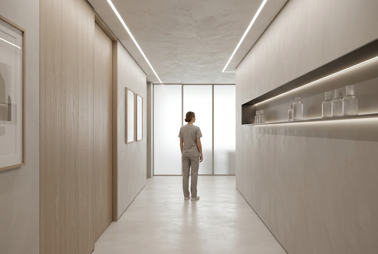 Nurse in plain greige scrubs in a bright clinic corridor