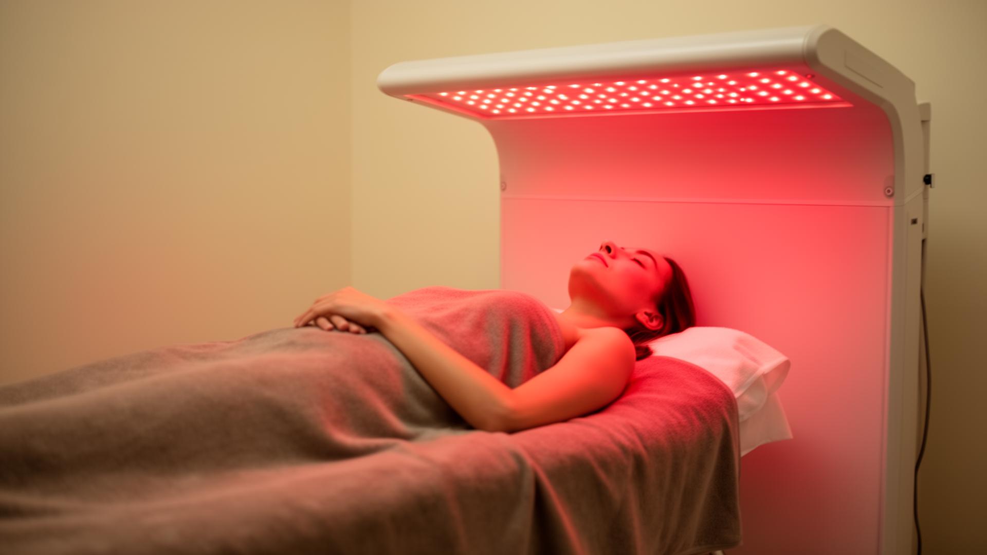 A patient resting beneath a clinical red and near-infrared LED panel