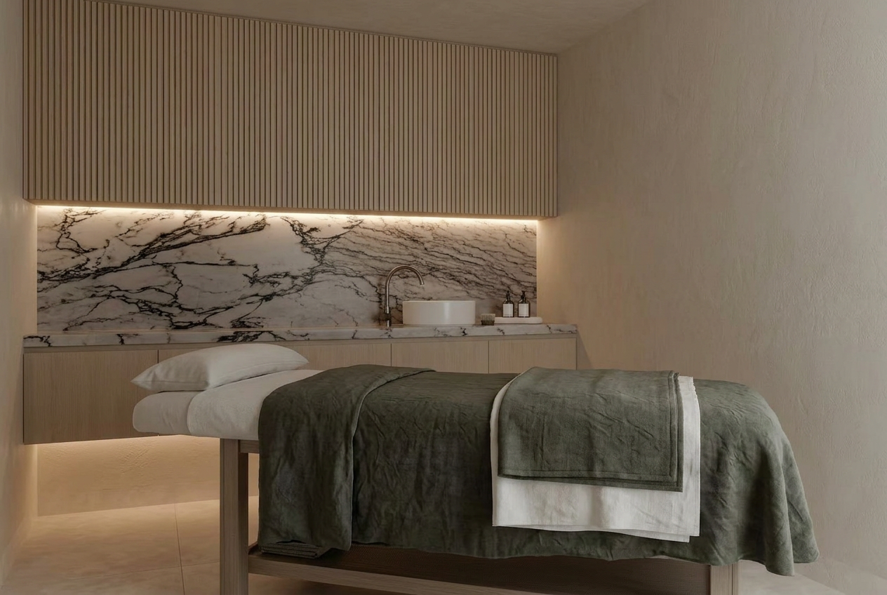 Treatment room with greige couch and stainless trolley